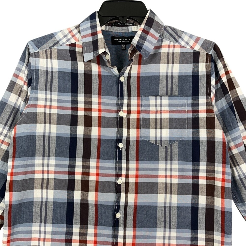 TwentyOne Men Plaid Shirt Mens M Blue Red Long Sleeve Button Down Casual Classic
